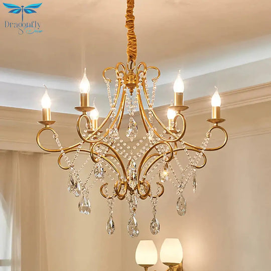 Crystal Stands Gold Suspension Lighting Raindrop 6 Heads Traditional Chandelier Light Fixture