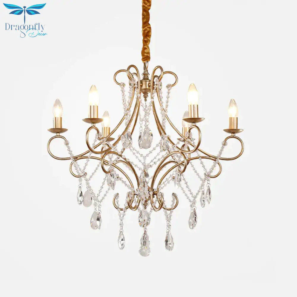 Crystal Stands Gold Suspension Lighting Raindrop 6 Heads Traditional Chandelier Light Fixture