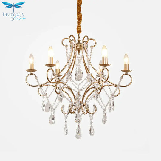 Crystal Stands Gold Suspension Lighting Raindrop 6 Heads Traditional Chandelier Light Fixture