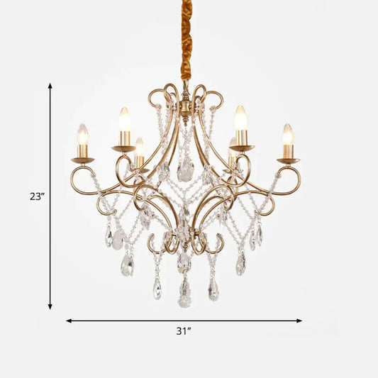 Crystal Stands Gold Suspension Lighting Raindrop 6 Heads Traditional Chandelier Light Fixture