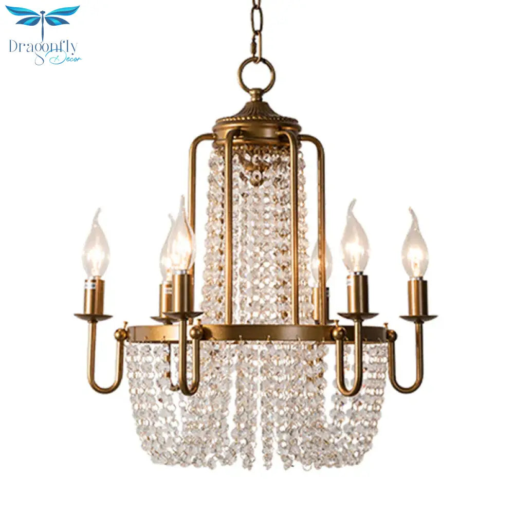 Crystal Strand Gold Chandelier Lighting Basket 6 - Light Farmhouse Candle Hanging Pendant