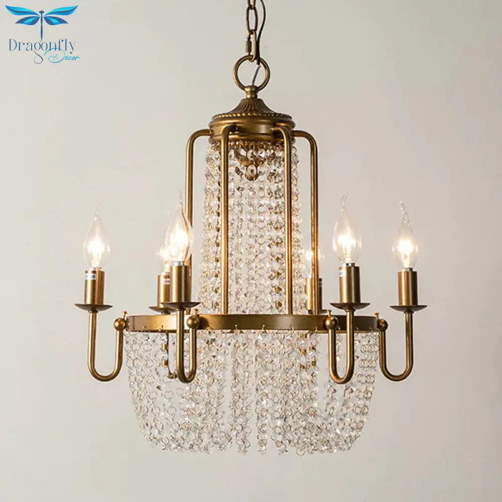 Crystal Strand Gold Chandelier Lighting Basket 6 - Light Farmhouse Candle Hanging Pendant