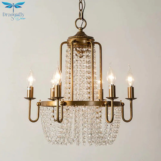 Crystal Strand Gold Chandelier Lighting Basket 6 - Light Farmhouse Candle Hanging Pendant