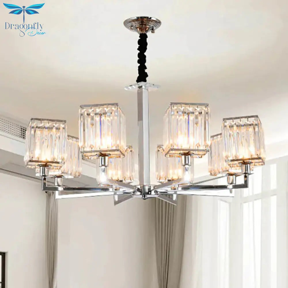Cubic Hanging Ceiling Light Modern Prismatic Optical Crystal 6/8 Lights Chrome Chandelier