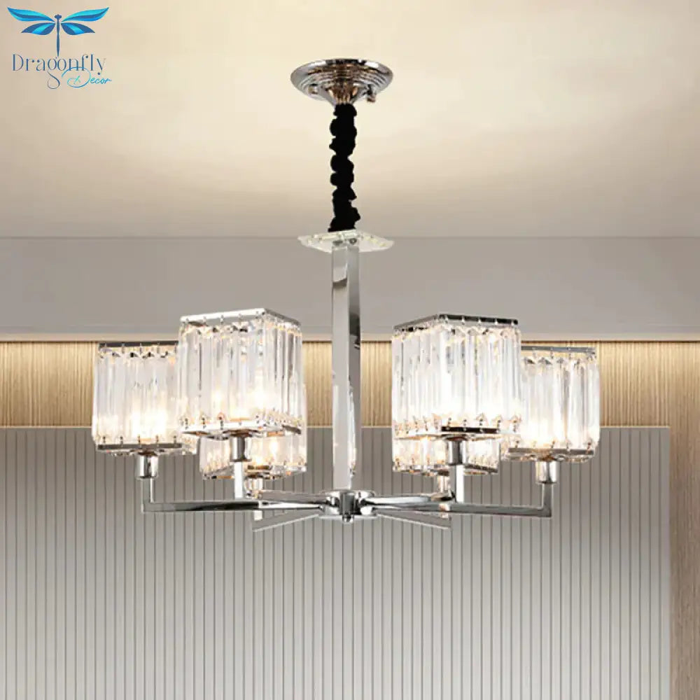 Cubic Hanging Ceiling Light Modern Prismatic Optical Crystal 6/8 Lights Chrome Chandelier