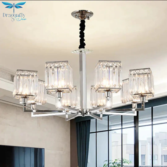 Cubic Hanging Ceiling Light Modern Prismatic Optical Crystal 6/8 Lights Chrome Chandelier