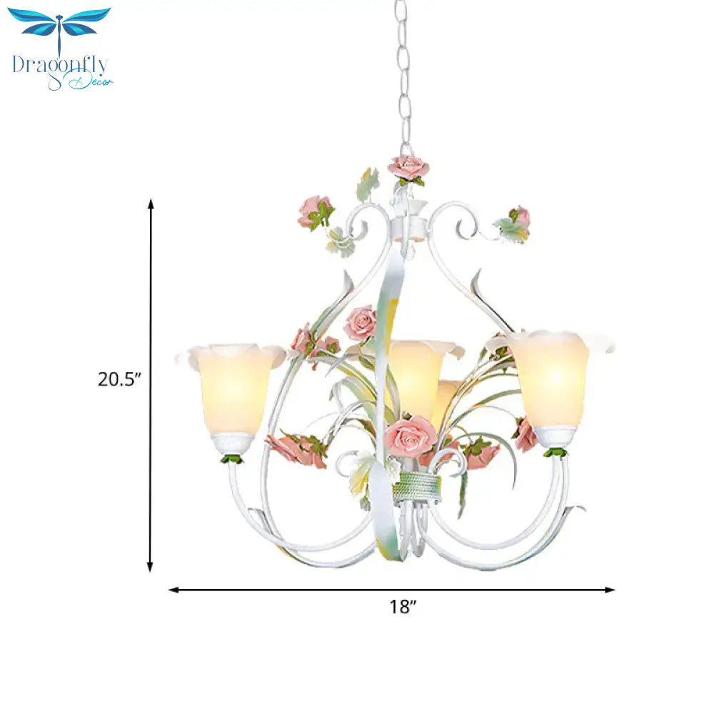 Curved Arm Kitchen Hanging Lamp Romantic Pastoral White Glass 4/7/9 Bulbs Pink Chandelier Lighting