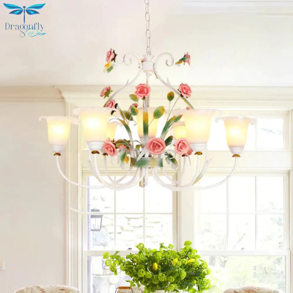 Curved Arm Kitchen Hanging Lamp Romantic Pastoral White Glass 4/7/9 Bulbs Pink Chandelier Lighting