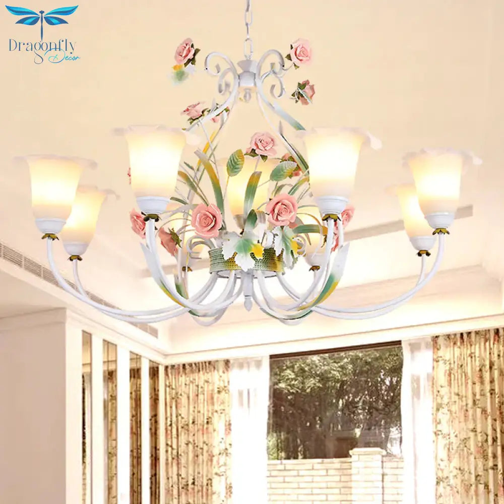 Curved Arm Kitchen Hanging Lamp Romantic Pastoral White Glass 4/7/9 Bulbs Pink Chandelier Lighting