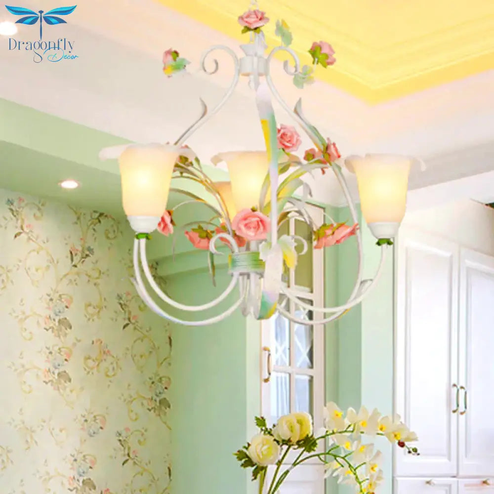 Curved Arm Kitchen Hanging Lamp Romantic Pastoral White Glass 4/7/9 Bulbs Pink Chandelier Lighting