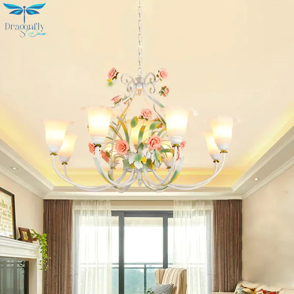 Curved Arm Kitchen Hanging Lamp Romantic Pastoral White Glass 4/7/9 Bulbs Pink Chandelier Lighting