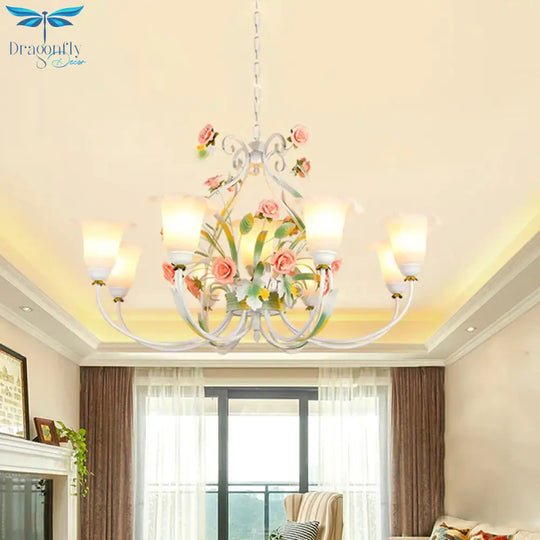Curved Arm Kitchen Hanging Lamp Romantic Pastoral White Glass 4/7/9 Bulbs Pink Chandelier Lighting