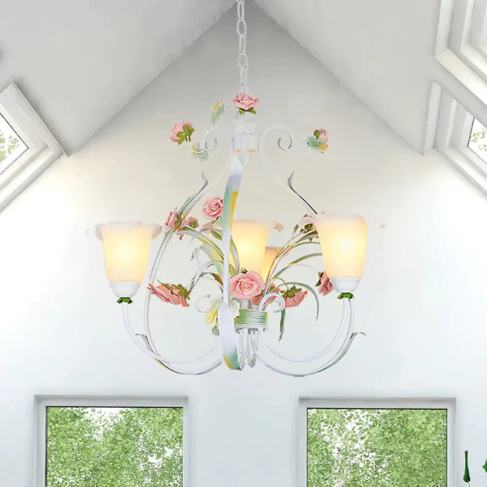 Curved Arm Kitchen Hanging Lamp Romantic Pastoral White Glass 4/7/9 Bulbs Pink Chandelier Lighting