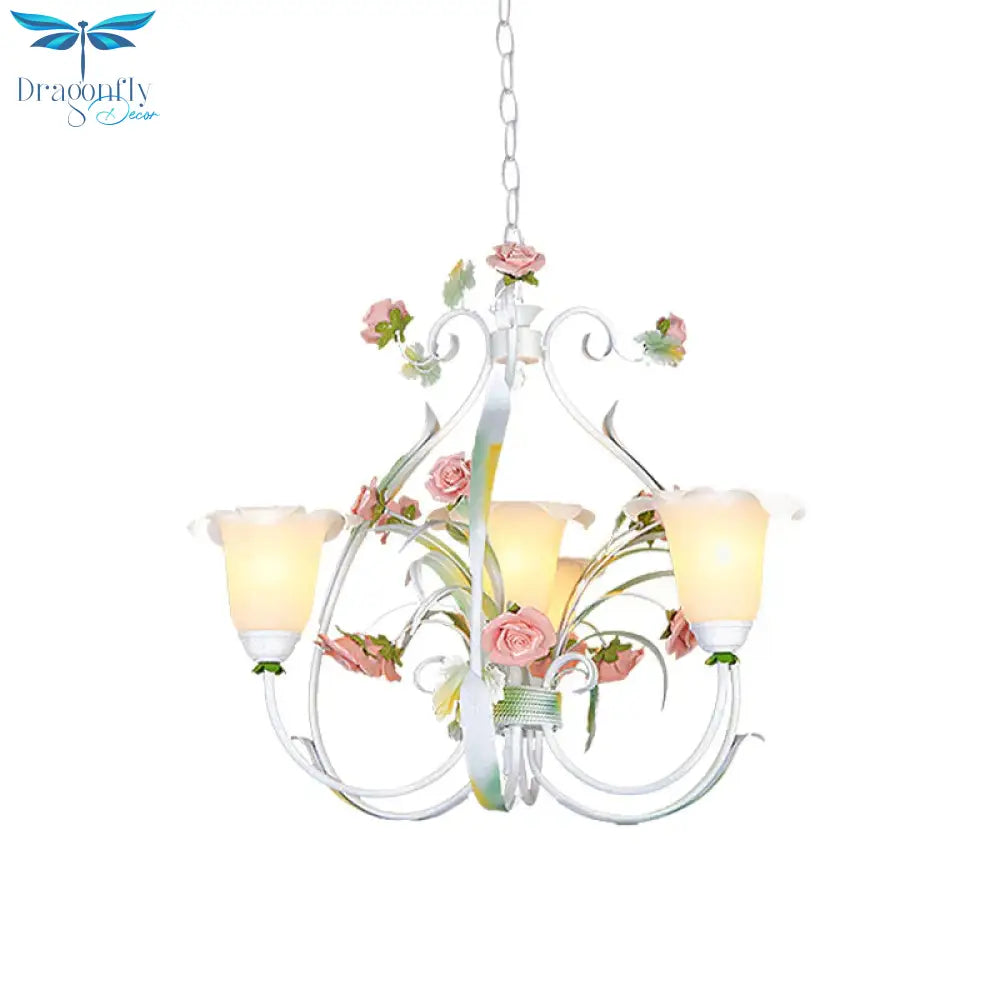 Curved Arm Kitchen Hanging Lamp Romantic Pastoral White Glass 4/7/9 Bulbs Pink Chandelier Lighting