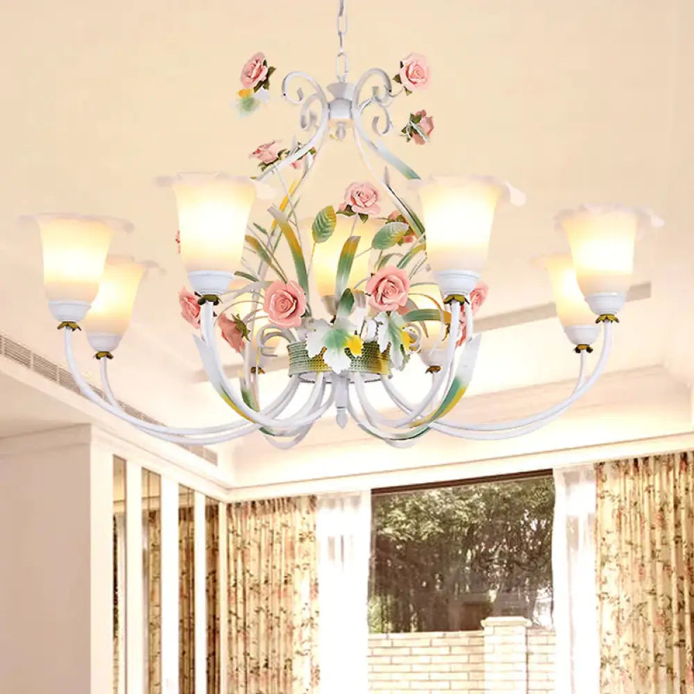 Curved Arm Kitchen Hanging Lamp Romantic Pastoral White Glass 4/7/9 Bulbs Pink Chandelier Lighting