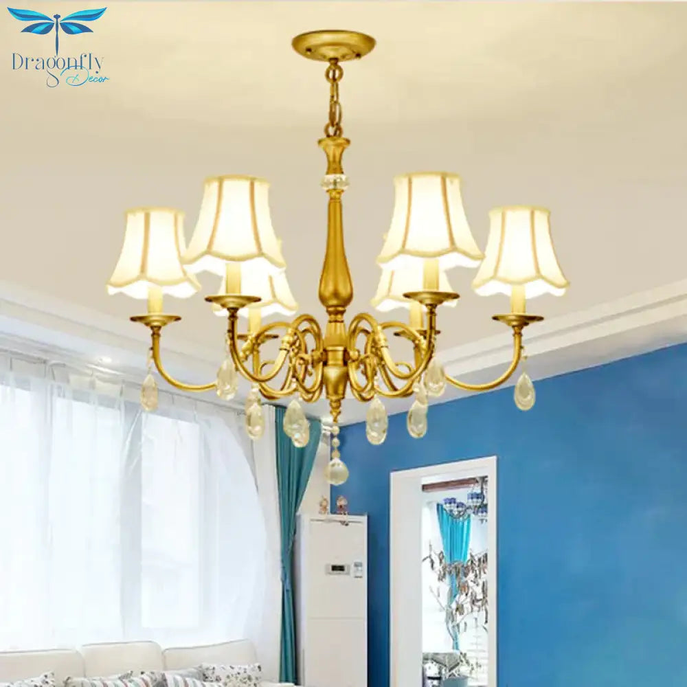 Curved Arm Living Room Pendant Vintage Metal 6 - Head Brass Chandelier Light Fixture With Scalloped