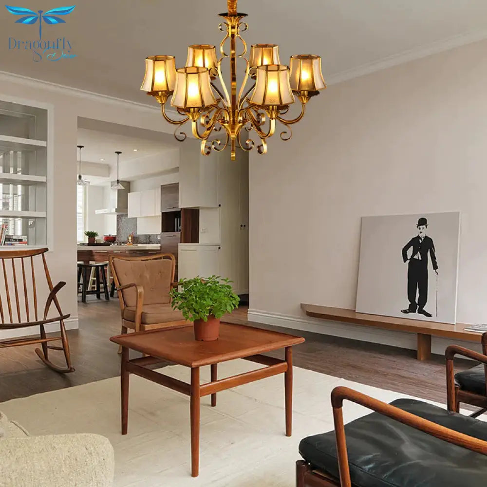 Curved Arm Metal Ceiling Chandelier Colonialism 3/5/6 Heads Living Room Suspension Lamp In Gold