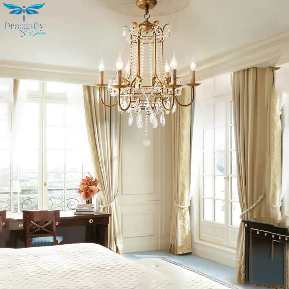 Curved Arm Metal Chandelier Lamp Traditionary 6 Heads Brass Hanging Pendant Light With Clear
