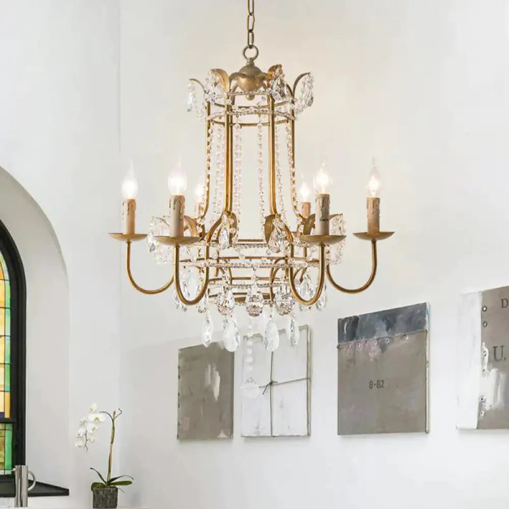 Curved Arm Metal Chandelier Lamp Traditionary 6 Heads Brass Hanging Pendant Light With Clear