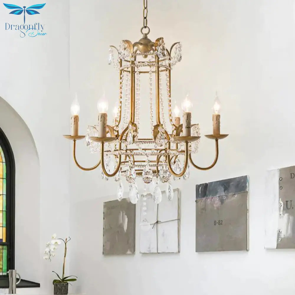 Curved Arm Metal Chandelier Lamp Traditionary 6 Heads Brass Hanging Pendant Light With Clear