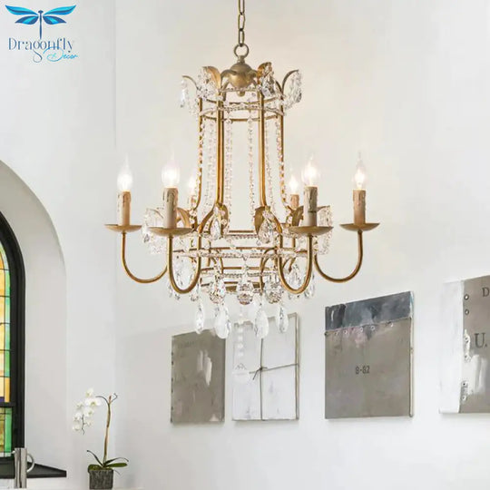 Curved Arm Metal Chandelier Lamp Traditionary 6 Heads Brass Hanging Pendant Light With Clear
