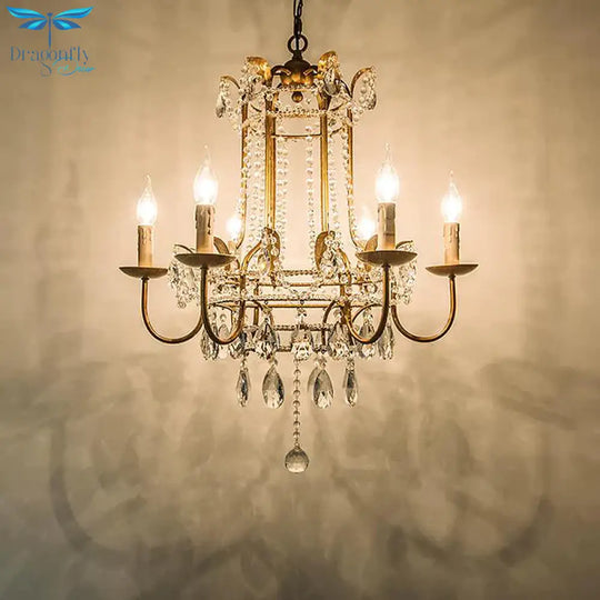 Curved Arm Metal Chandelier Lamp Traditionary 6 Heads Brass Hanging Pendant Light With Clear