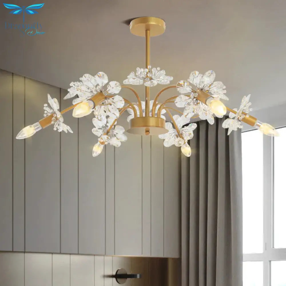Curved Arm Metal Chandelier Light Traditional 6 Lights Living Room Hanging Lamp With Clear/Cream