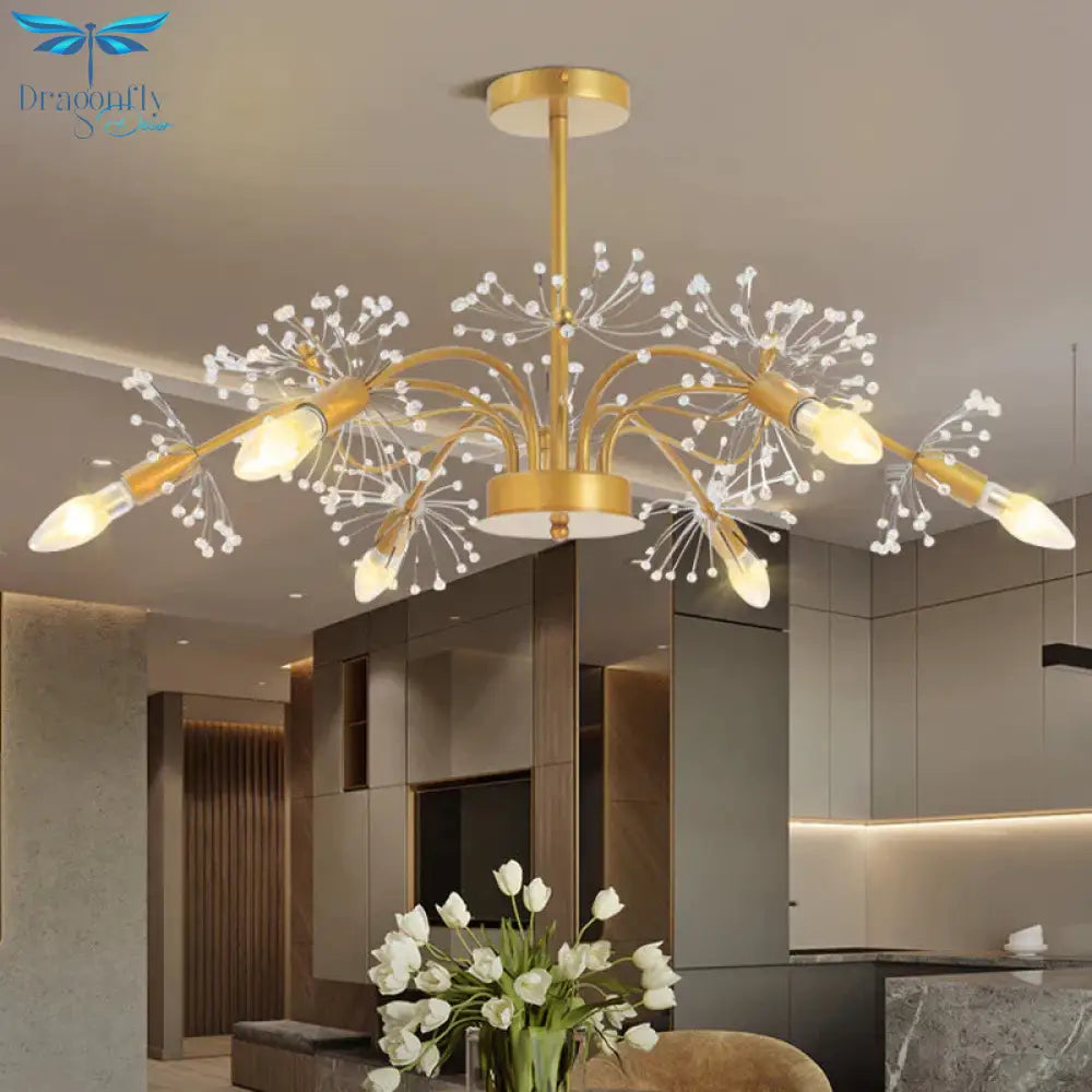 Curved Arm Metal Chandelier Light Traditional 6 Lights Living Room Hanging Lamp With Clear/Cream