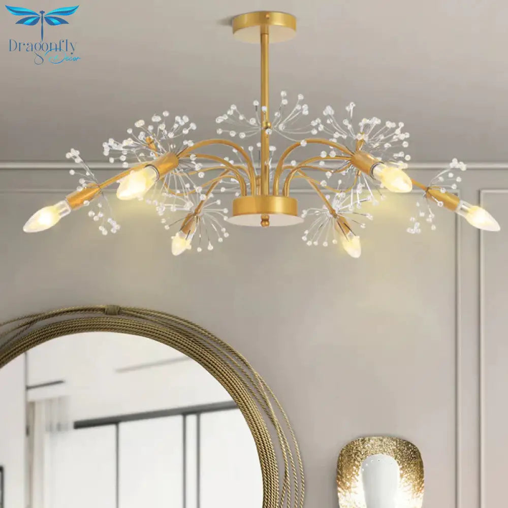 Curved Arm Metal Chandelier Light Traditional 6 Lights Living Room Hanging Lamp With Clear/Cream