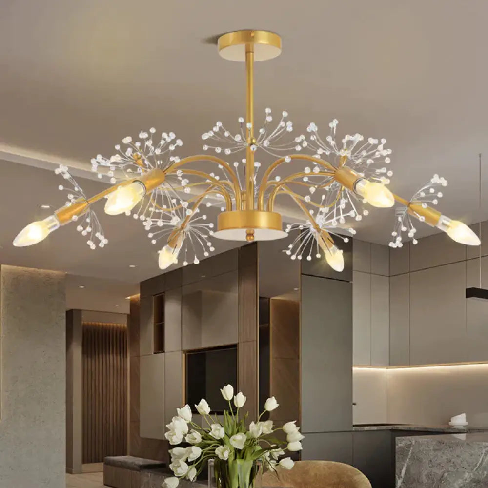 Curved Arm Metal Chandelier Light Traditional 6 Lights Living Room Hanging Lamp With Clear/Cream