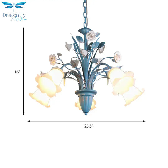 Curving Arm Opal Glass Chandelier Pastoral 3/5/6 Bulbs Living Room Flower Pendant Lighting Fixture