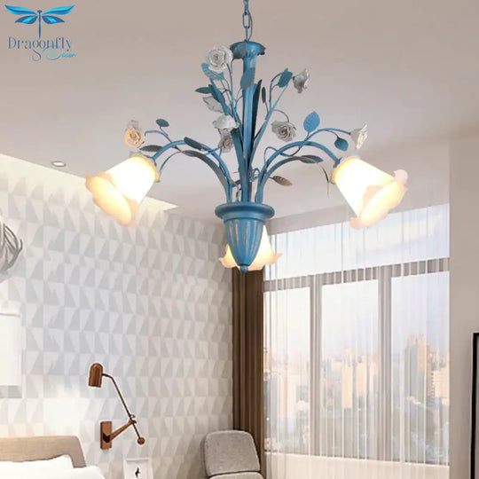 Curving Arm Opal Glass Chandelier Pastoral 3/5/6 Bulbs Living Room Flower Pendant Lighting Fixture