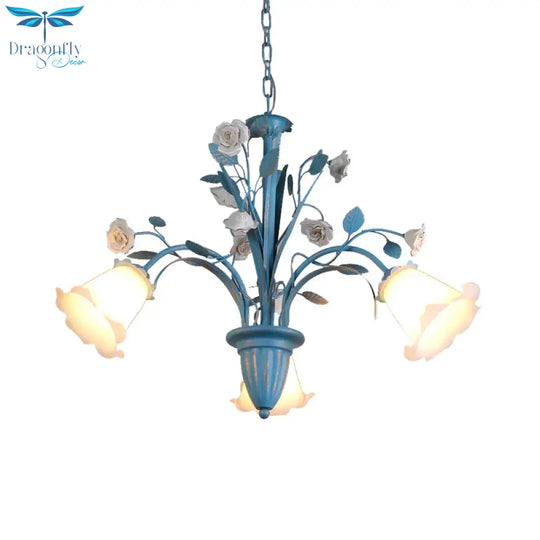 Curving Arm Opal Glass Chandelier Pastoral 3/5/6 Bulbs Living Room Flower Pendant Lighting Fixture