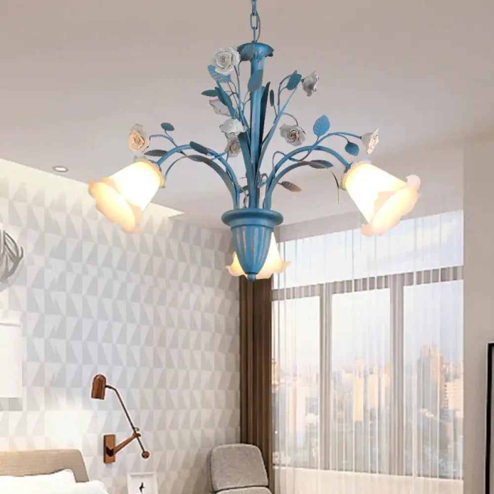 Curving Arm Opal Glass Chandelier Pastoral 3/5/6 Bulbs Living Room Flower Pendant Lighting Fixture