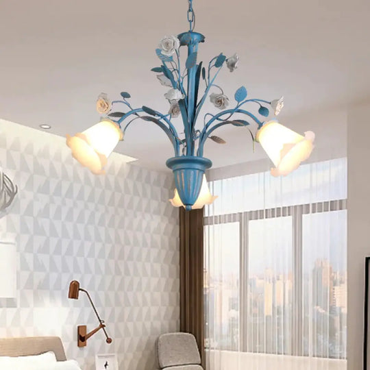 Curving Arm Opal Glass Chandelier Pastoral 3/5/6 Bulbs Living Room Flower Pendant Lighting Fixture
