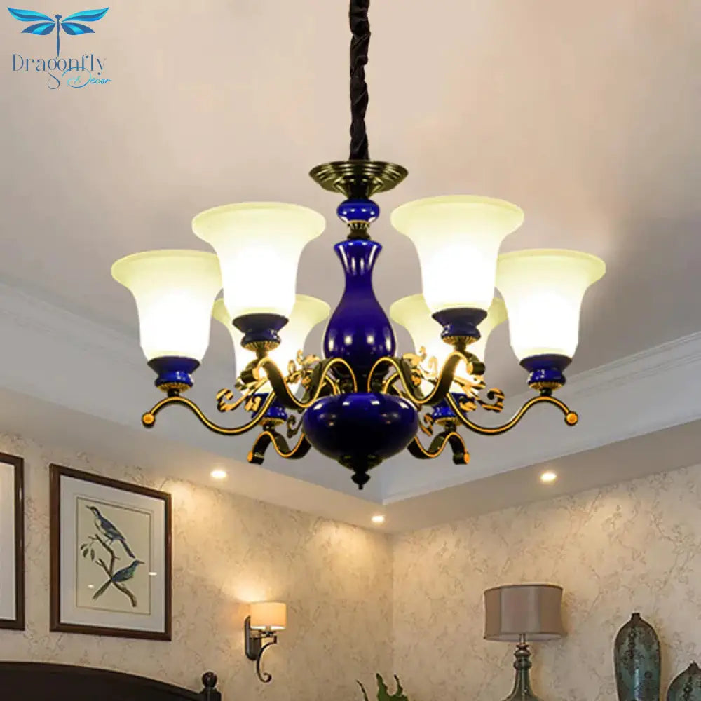 Curving Metal Hanging Chandelier Classic 3/6/8 Lights Living Room Suspension Light In Blue With