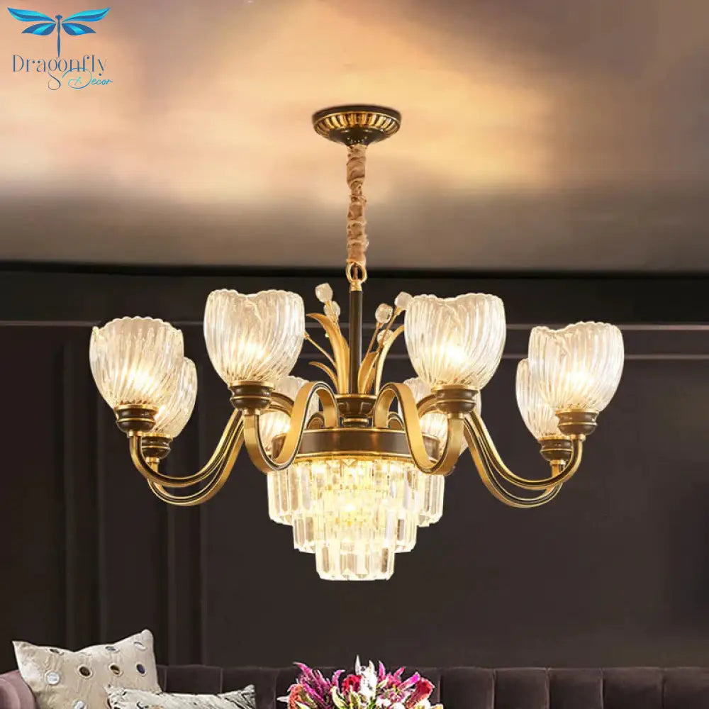 Curvy Arm Living Room Chandelier Classic Clear Prismatic Glass 8 - Light Gold Pendant Lighting