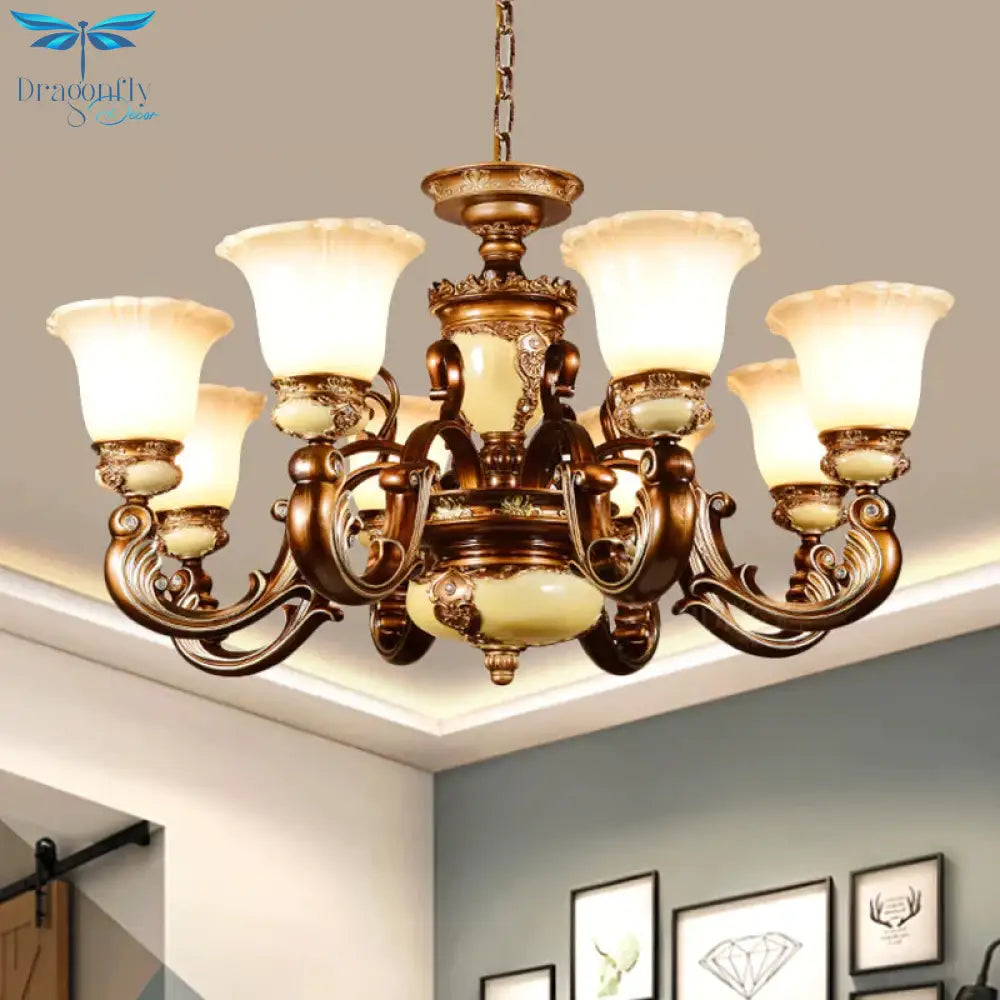 Curvy Arm Living Room Suspension Lighting Antiqued Metallic 6/8 Heads Brown Pendant Chandelier