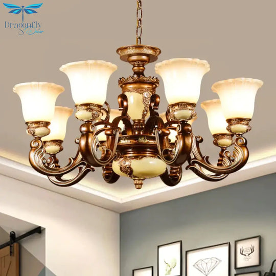 Curvy Arm Living Room Suspension Lighting Antiqued Metallic 6/8 Heads Brown Pendant Chandelier