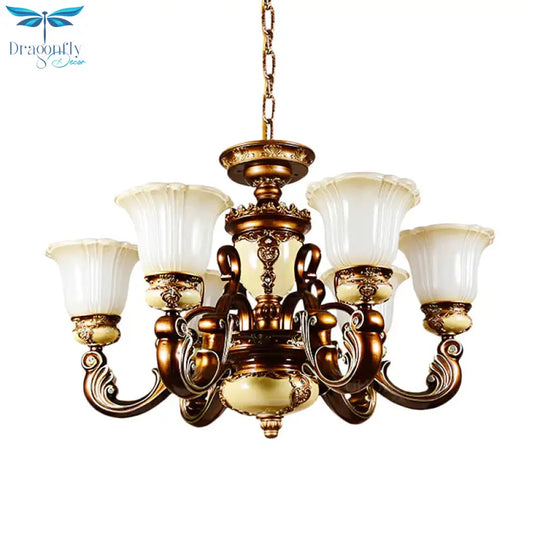 Curvy Arm Living Room Suspension Lighting Antiqued Metallic 6/8 Heads Brown Pendant Chandelier