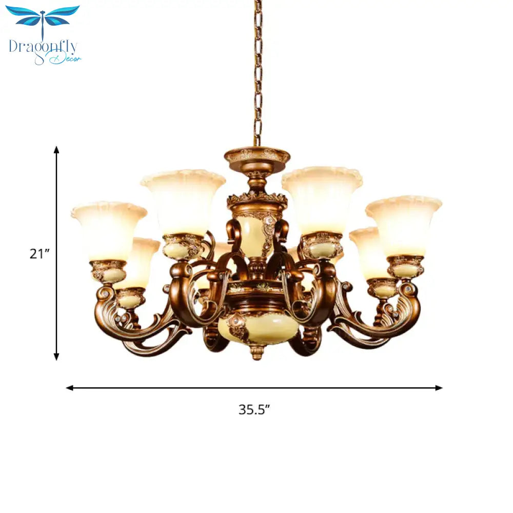 Curvy Arm Living Room Suspension Lighting Antiqued Metallic 6/8 Heads Brown Pendant Chandelier