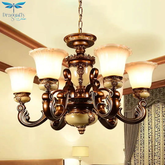 Curvy Arm Living Room Suspension Lighting Antiqued Metallic 6/8 Heads Brown Pendant Chandelier