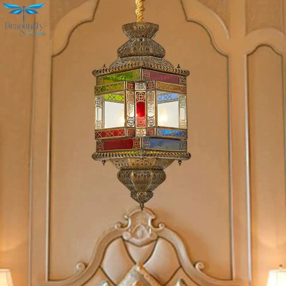 Cut Glass Lantern Drop Pendant Country Style 3 Heads Bedroom Chandelier Lamp In Brass