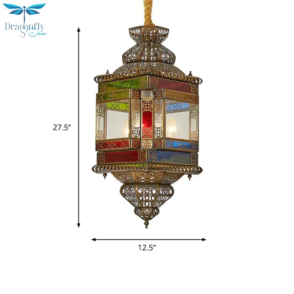 Cut Glass Lantern Drop Pendant Country Style 3 Heads Bedroom Chandelier Lamp In Brass