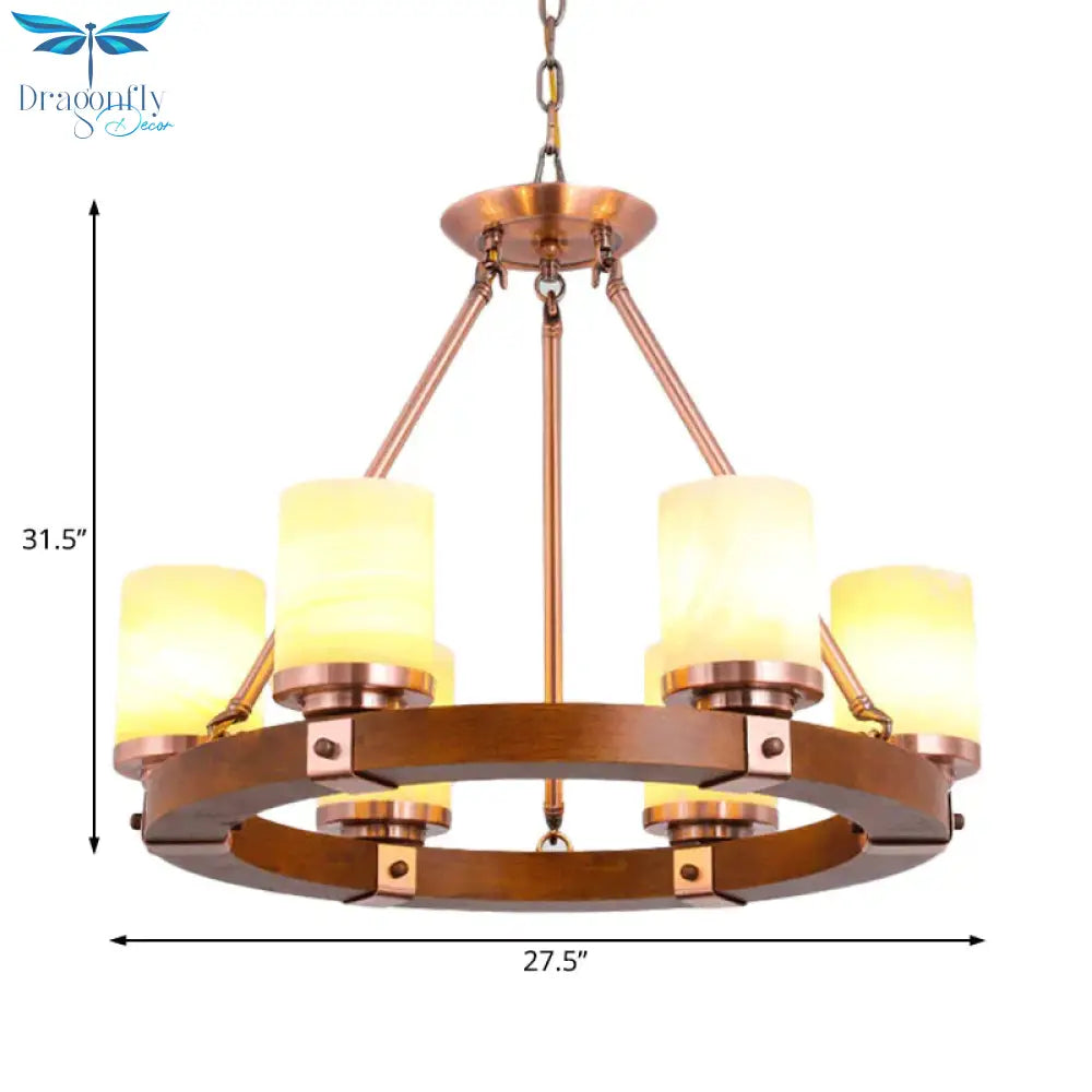 Cylinder Bedroom Chandelier Light Fixture Rustic White Glass 4/6 Lights Copper Ceiling