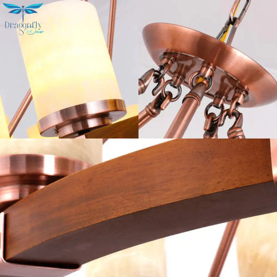 Cylinder Bedroom Chandelier Light Fixture Rustic White Glass 4/6 Lights Copper Ceiling