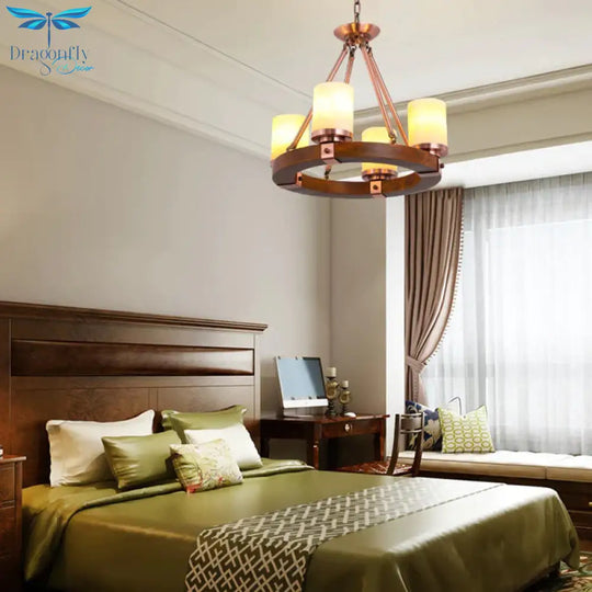 Cylinder Bedroom Chandelier Light Fixture Rustic White Glass 4/6 Lights Copper Ceiling