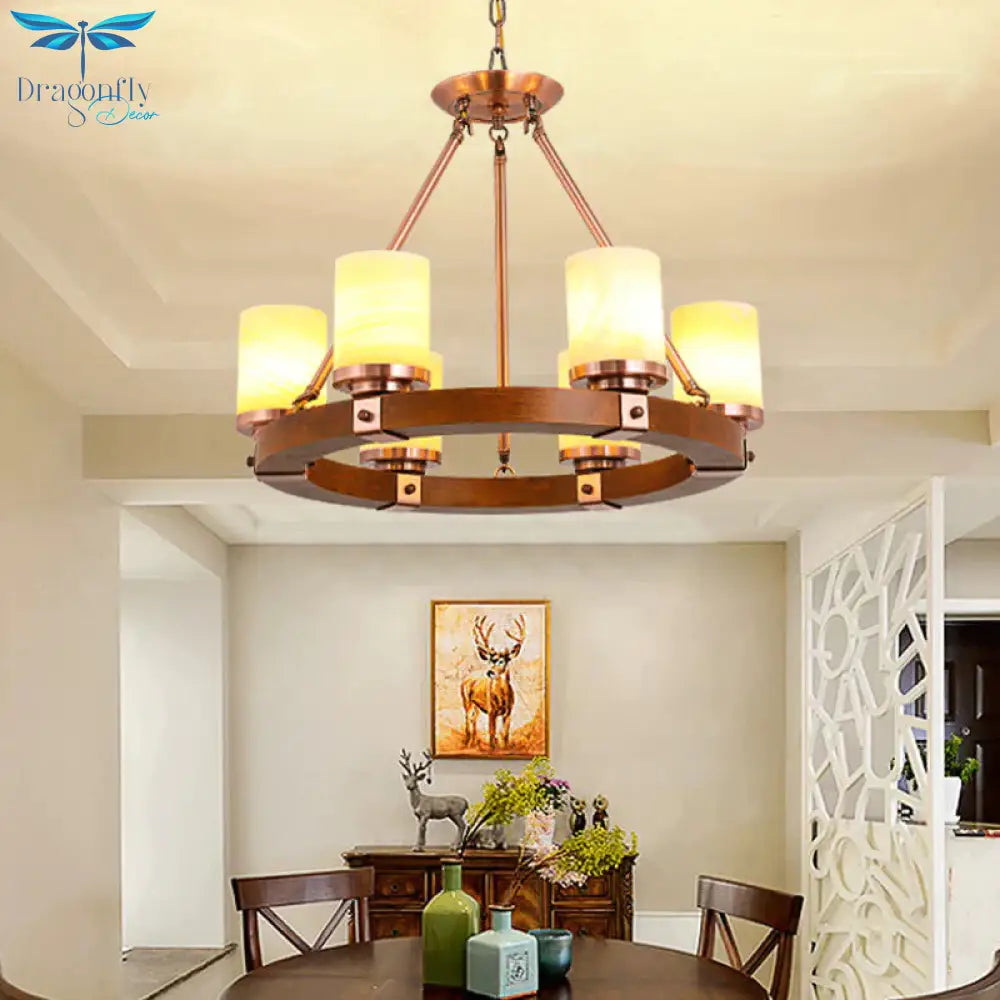 Cylinder Bedroom Chandelier Light Fixture Rustic White Glass 4/6 Lights Copper Ceiling