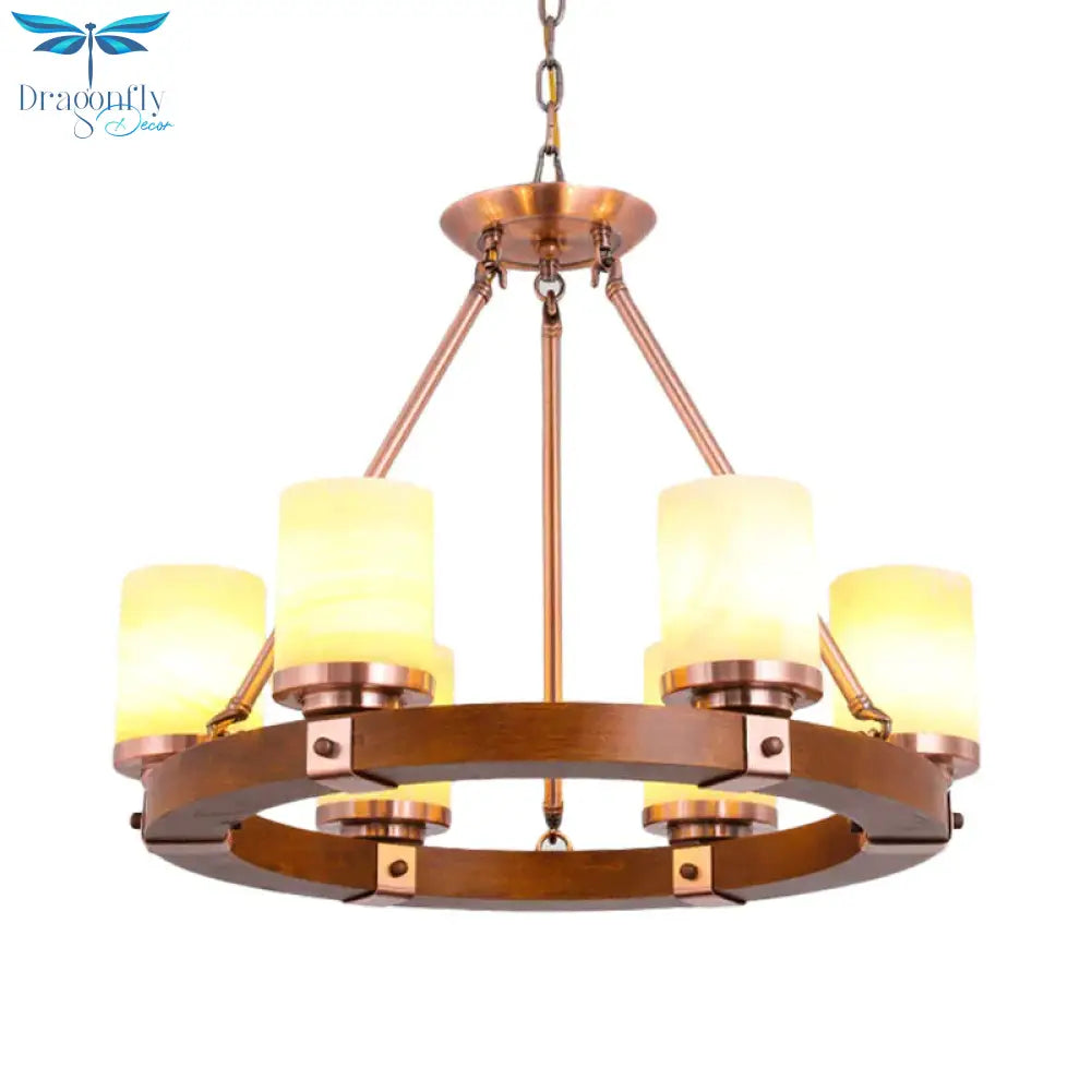 Cylinder Bedroom Chandelier Light Fixture Rustic White Glass 4/6 Lights Copper Ceiling