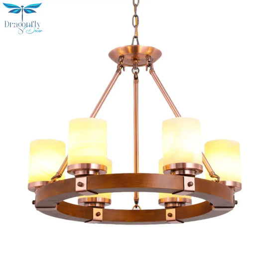 Cylinder Bedroom Chandelier Light Fixture Rustic White Glass 4/6 Lights Copper Ceiling
